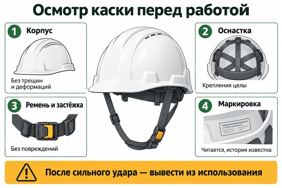 Осмотр каски перед работой